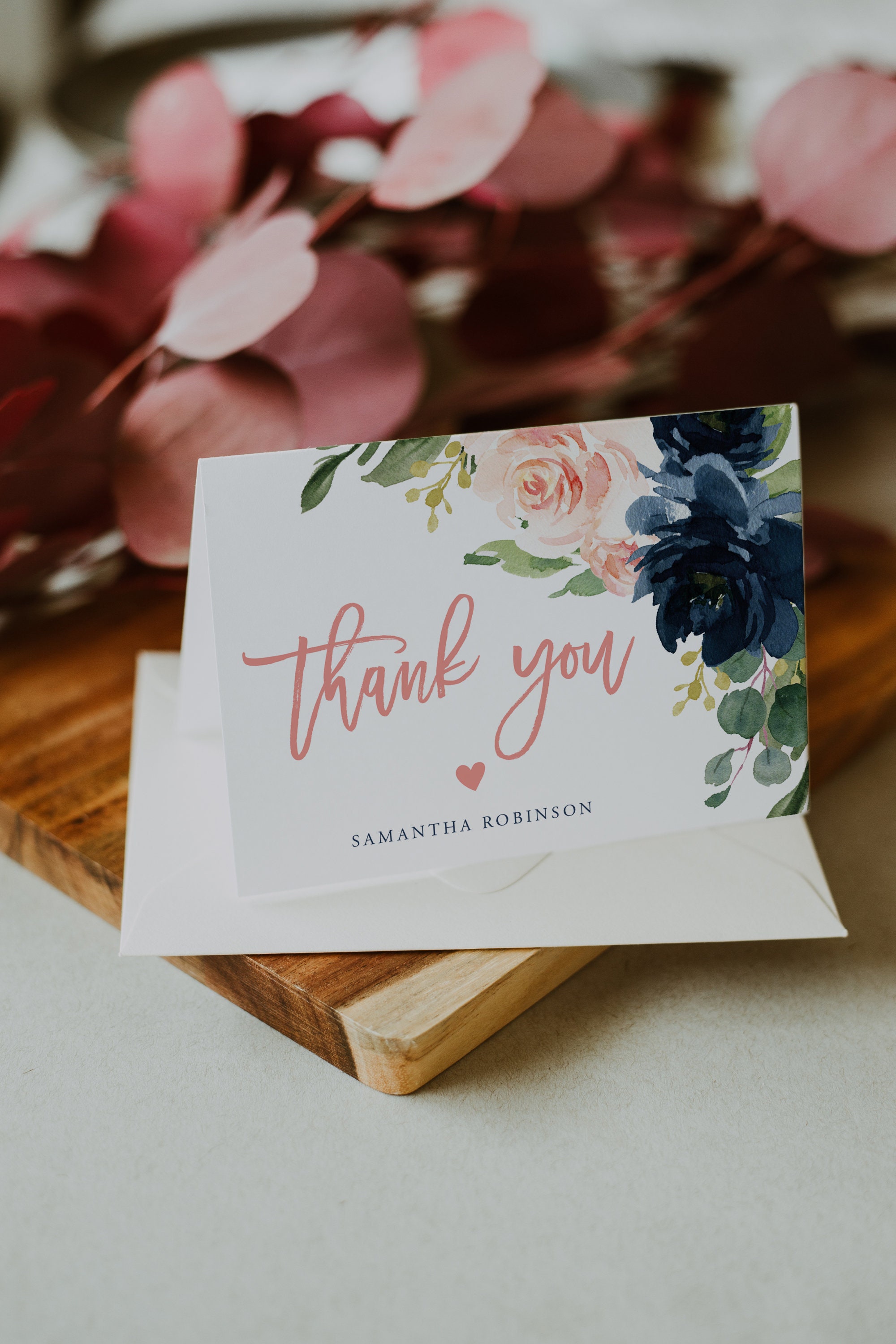 Navy Thank You Card Navy Bridal Template Folded Thank You Etsy