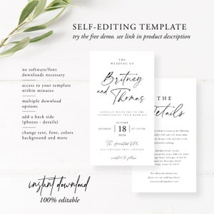 May include: Editable wedding invitation template with a black and white design. The template features the text "The Wedding of Britney and Thomas" and the date "October 18, 2026".