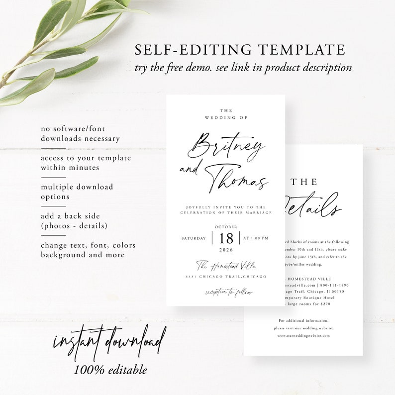 May include: Editable wedding invitation template with a black and white design. The template features the text "The Wedding of Britney and Thomas" and the date "October 18, 2026".