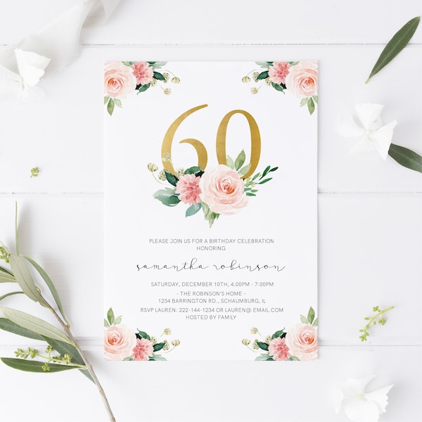 60th Birthday Invitation INSTANT DOWNLOAD, sixty Birthday, Adult, Women's, Templett, Watercolor, Foil, Floral, gold, Glitter