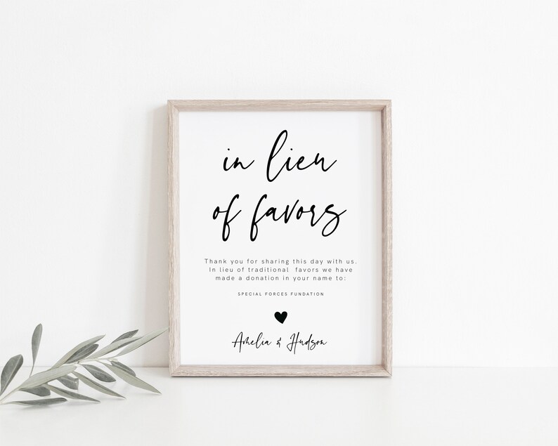 In Lieu of Favors Sign Template, Modern Wedding Donation Sign, Minimalist, Editable Charity Card Sign, Shower Signage DIY Printable, 003 image 2