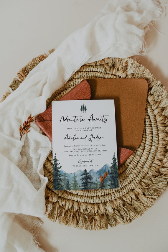 Pine Mountain Baby Shower, Adventure Awaits, Woodland Pine, Rustic Shower, Winter Shower Invite, Instant Download, Templett, 005