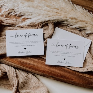 Moderne Hochzeit anstelle von Bevorzugungen Kartenvorlage, Minimalistische Hochzeitsspendenkarte, Spendenkarten Hochzeit, Instant Templett, bearbeitbar, 003