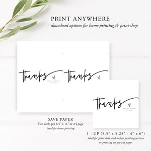Peut inclure: Cartes de remerciement imprimables avec le texte "Merci" dans une police d'&eacute;criture manuscrite. Les cartes sont con&ccedil;ues pour l'impression &agrave; domicile ou l'impression dans un magasin d'impression. Le texte "&Eacute;conomiser du papier" est inclus, indiquant que deux cartes peuvent &ecirc;tre imprim&eacute;es par page de 8,5 x 11 pouces.