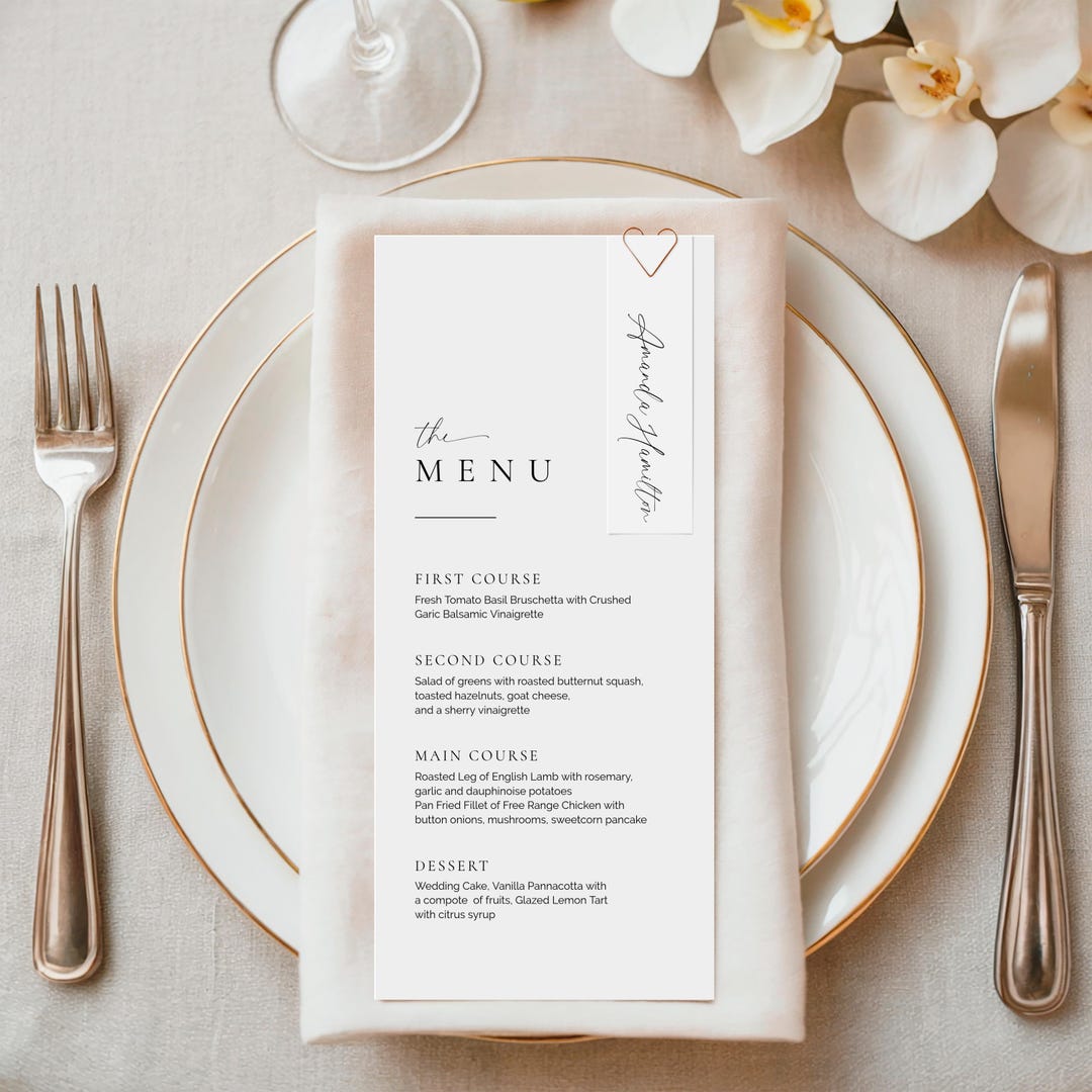 Wedding Menu & Place Card Template Set, Minimalist Name Card Tag ...