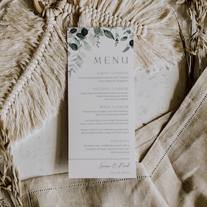 Greenery Menü Vorlage, Blätter Hochzeitsmenü, Greenery Hochzeitsmenü, Greenery Hochzeitsmenü, INSTANT DOWNLOAD, Boho, 80er