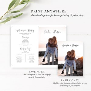 May include: A printable wedding invitation template with a white background and black text. The text includes the couple's names, "Arhelia + Hudson", and the wedding date. The template also includes a section for the wedding ceremony and reception details. The image shows two different sizes of the template, one for home printing and one for professional printing.