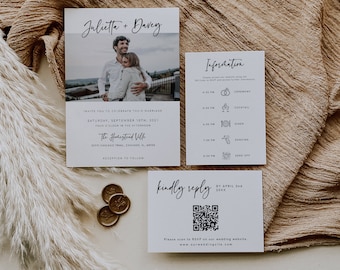 QR Code Modern Wedding Invitation Suite, Digital Rsvp, Photo Wedding Invitation with Icons, Invitation Set, Online RSVP, Template, 003