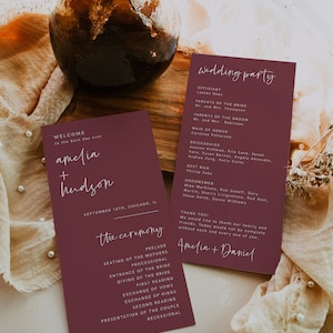 Boho Wedding Program Template, Modern Wedding Program, Burgundy Navy, Minimal Program, Printable Program Wedding, Instant, Template, 43