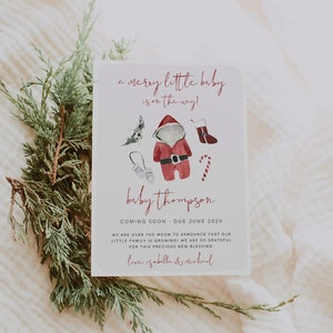 Schwangerschaftsankündigungsvorlage, Weihnachtsbabyankündigungsfoto, Babykleidung, Baby-Fälligkeitsdatum-Ankündigungskarte, bearbeitbar, Download, 95