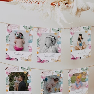 Fotos del primer año, pancarta para exhibir fotos del primer cumpleaños, pancarta mensual con fotos de mariposas y flores para niña, descargable, editable, plantilla, 92