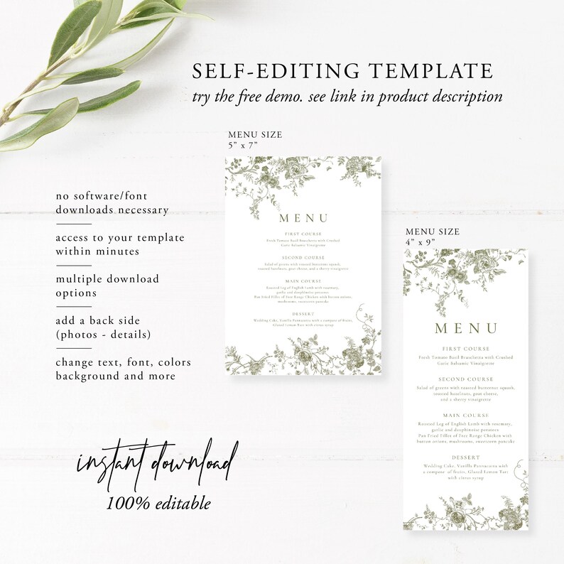 Puede incluir: Dos tarjetas de men&uacute; blancas con dise&ntilde;os florales. El men&uacute; m&aacute;s grande mide 12,7 cm x 17,8 cm y el m&aacute;s peque&ntilde;o 10,2 cm x 22,9 cm. El texto incluye "MENU" y "SELF-EDITING TEMPLATE". La frase "descarga instant&aacute;nea" tambi&eacute;n es visible.