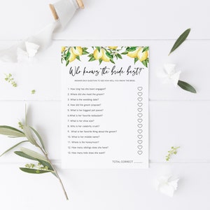 Who Knows the Bride Best Bridal Shower Game, Summer Citrus Lemon Bridal Shower Template, Guess Who Said It, Instant Download, Templett