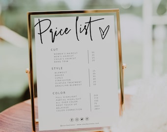 Price List Template, Small Business Price List, Editable Price Sheet, Pricing List, Salon Price List, Download, Modern, Minimal, 41