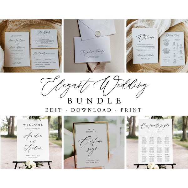 Elegant Wedding Bundle, Wedding Essential Template, Simple Invitation Suite, 100% Editable, Calligraphy, Instant Download, Traditional, 050