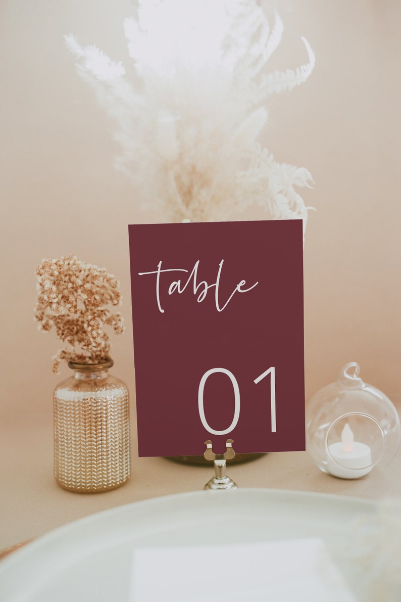 Boho Table Number Card Template, Burgundy Wedding, Wedding Table Number, Editable, INSTANT DOWNLOAD, Templett, DIY, 43 image 1