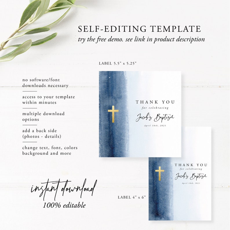 May include: Two printable thank you labels with a watercolor background in shades of blue and white. The labels feature a gold cross and the text "Thank You for celebrating Jack's Baptism" with the date. The larger label is 5.5 inches by 5.25 inches and the smaller label is 4 inches by 6 inches.
