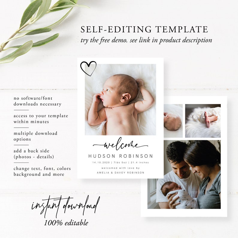 Birth Announcement, Photo Baby Announcement Card, Newborn, Welcome, Minimalist, Editable Template, Printable, Instant Download, Templett imagem 3