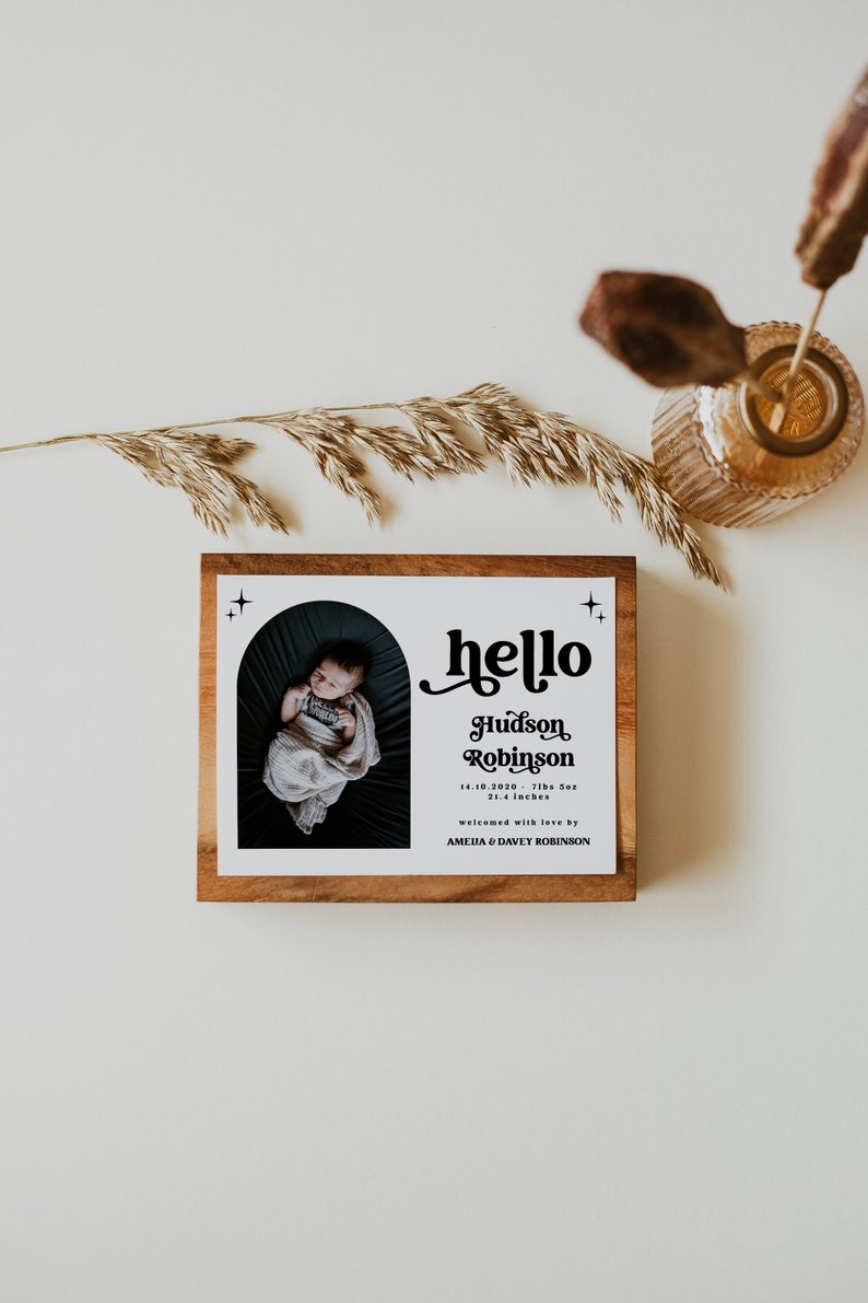 Cartolina di annuncio di nascita, cartolina di annuncio di nascita con foto ad arco retrò, annuncio di nascita alla moda, modello modificabile, istantaneo, moderno, 72 immagine 3