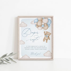 Diaper Raffle Sign Blue Bear Baby Shower, Blue Balloon Bear Baby Shower, Template, Blue Teddy Bear, Diaper Card, Instant, Editable,103 image 2