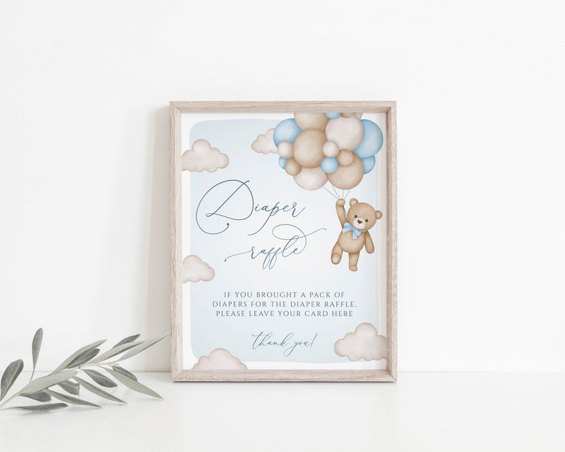 Diaper Raffle Sign Blue Bear Baby Shower, Blue Balloon Bear Baby Shower, Template, Blue Teddy Bear, Diaper Card, Instant, Editable,103 image 2