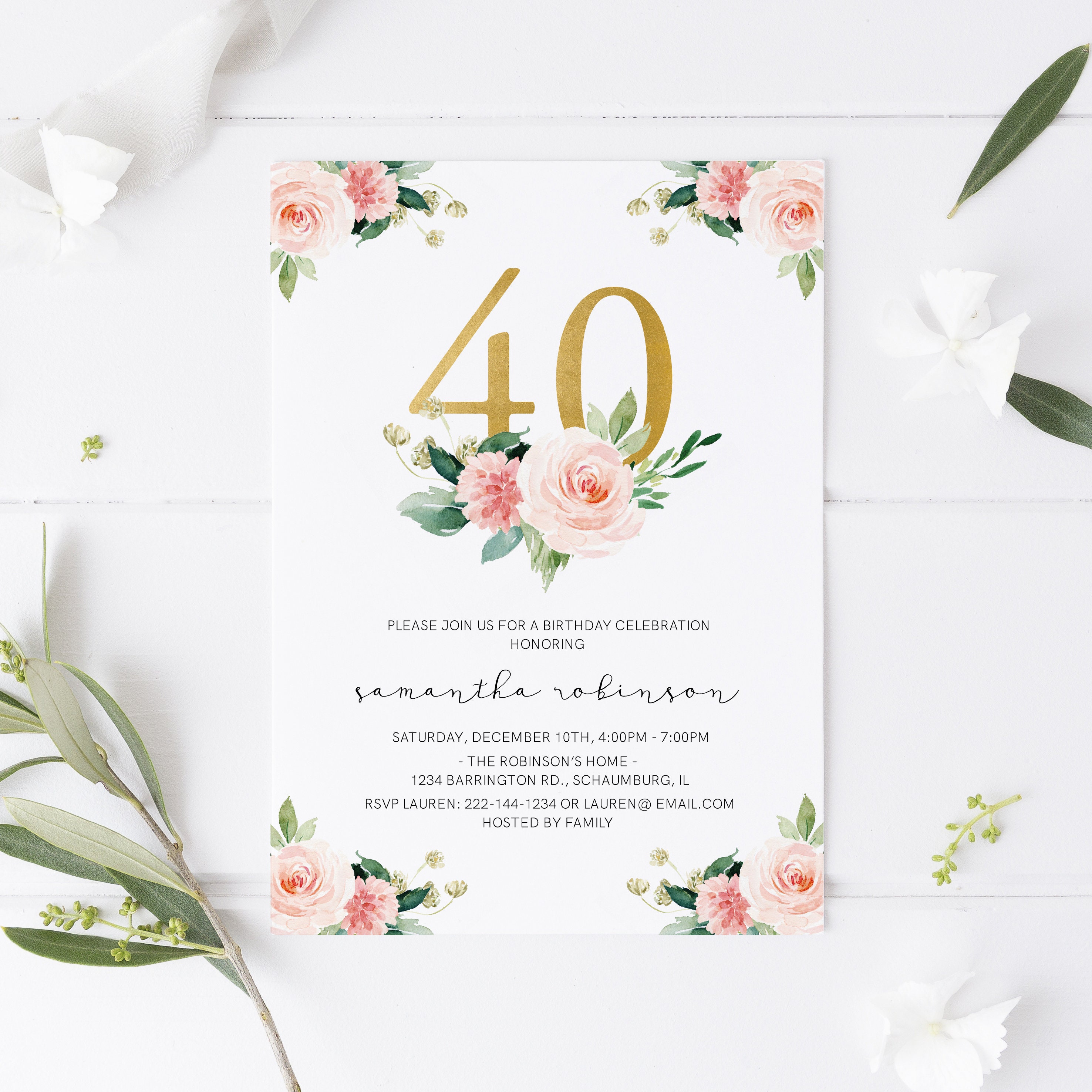 Invitation anniversaire 40 Noble Flowers - dorure