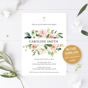 Baptism Invitation - Baptism Invitation Girl  - Printable Invitation - First Communion - Flower - Editable Template - Instant Download