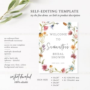 Modèle de plaque de bienvenue pour la douche nuptiale de fleurs sauvages, douche nuptiale de fleurs sauvages, signe floral, signe de mariée floral, téléchargement, modifiable, Boho, 55 image 4