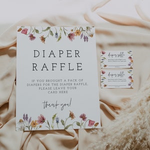 Letrero para rifa de pañales con diseño de flores silvestres para baby shower (8 x 10), floral, plantilla, bohemio, tarjeta para pañales, instantáneo, editable, 55