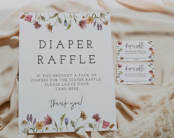 Diaper Raffle Sign Wildflower Baby Shower 8x10, Wildflower Baby Shower, Floral , Template, Boho, Diaper Card, Instant, Editable, 55