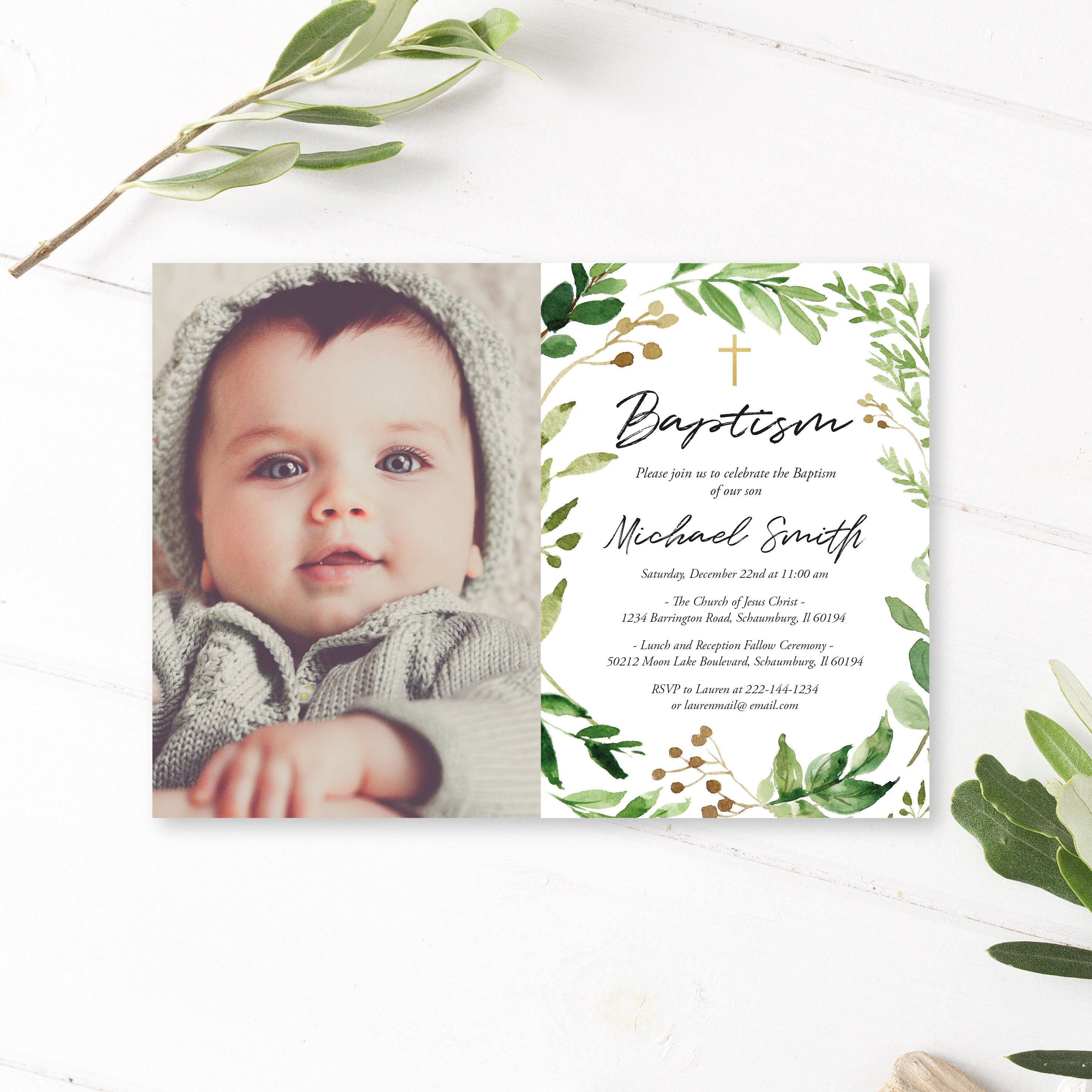 Baptism Invitation Boy Greenery Baptism Invitation Etsy