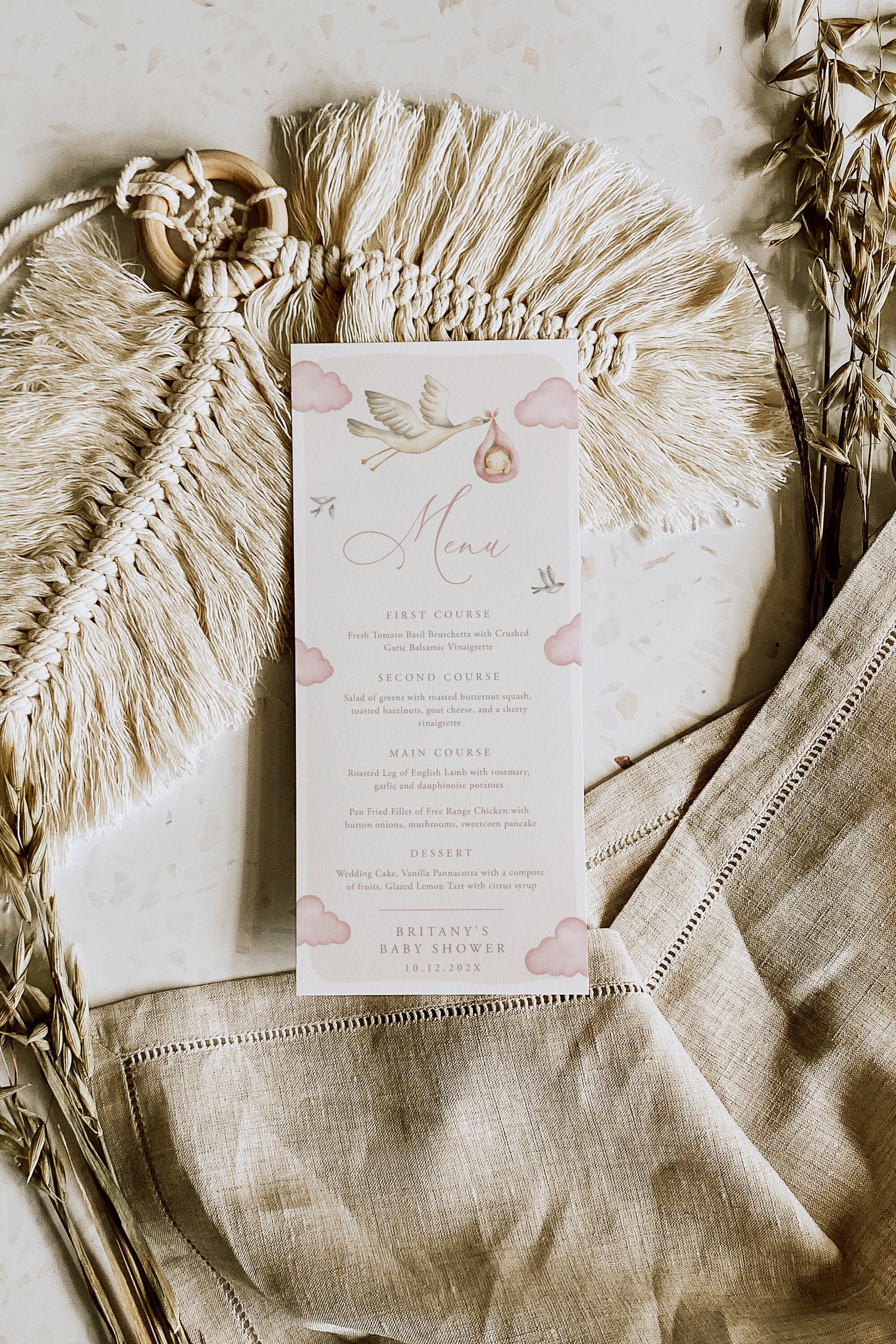 Storch-Babypartymenü-Vorlage, Boho-Babyparty-Menü, Storch-Mädchen-Babyparty-Menü, druckbares Abendmenü, bearbeitbarer Text, Storch Pink, 110