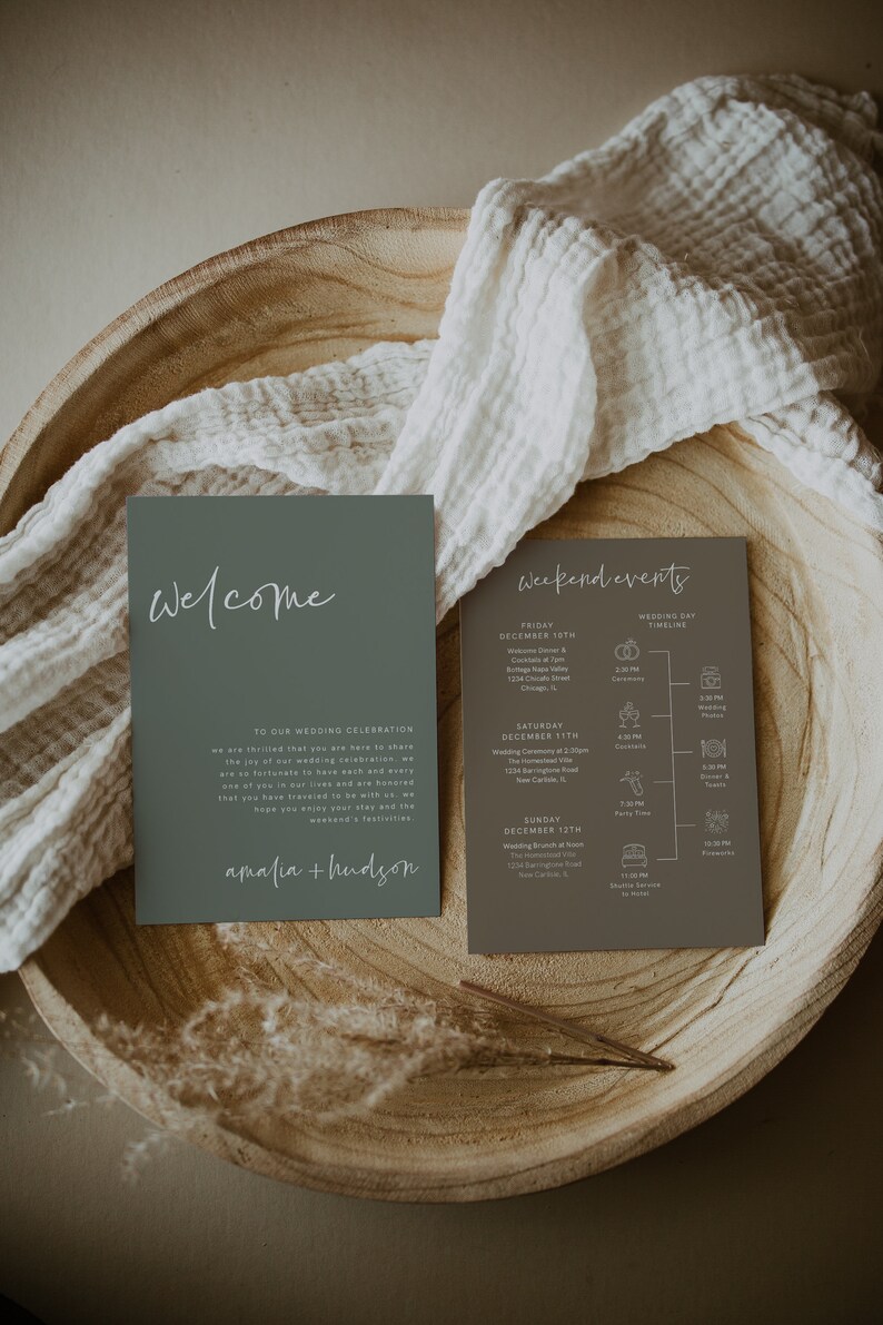 May include: A green and brown wedding invitation suite with the text "Welcome" and "Weekend Events". The invitation includes the names "Amalia + Hudson" and a wedding day timeline.