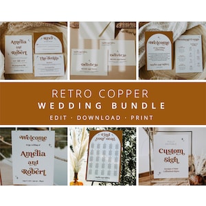 Retro Wedding Bundle, Wedding Essential Template, Groovy Wedding, 70&#39;s theme, Copper 100% Editable, Celestial, Instant Download, 72