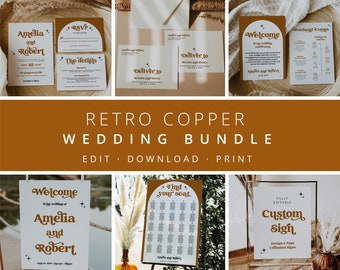 Retro Wedding Bundle, Wedding Essential Template, Groovy Wedding, 70's theme, Copper 100% Editable, Celestial, Instant Download, 72