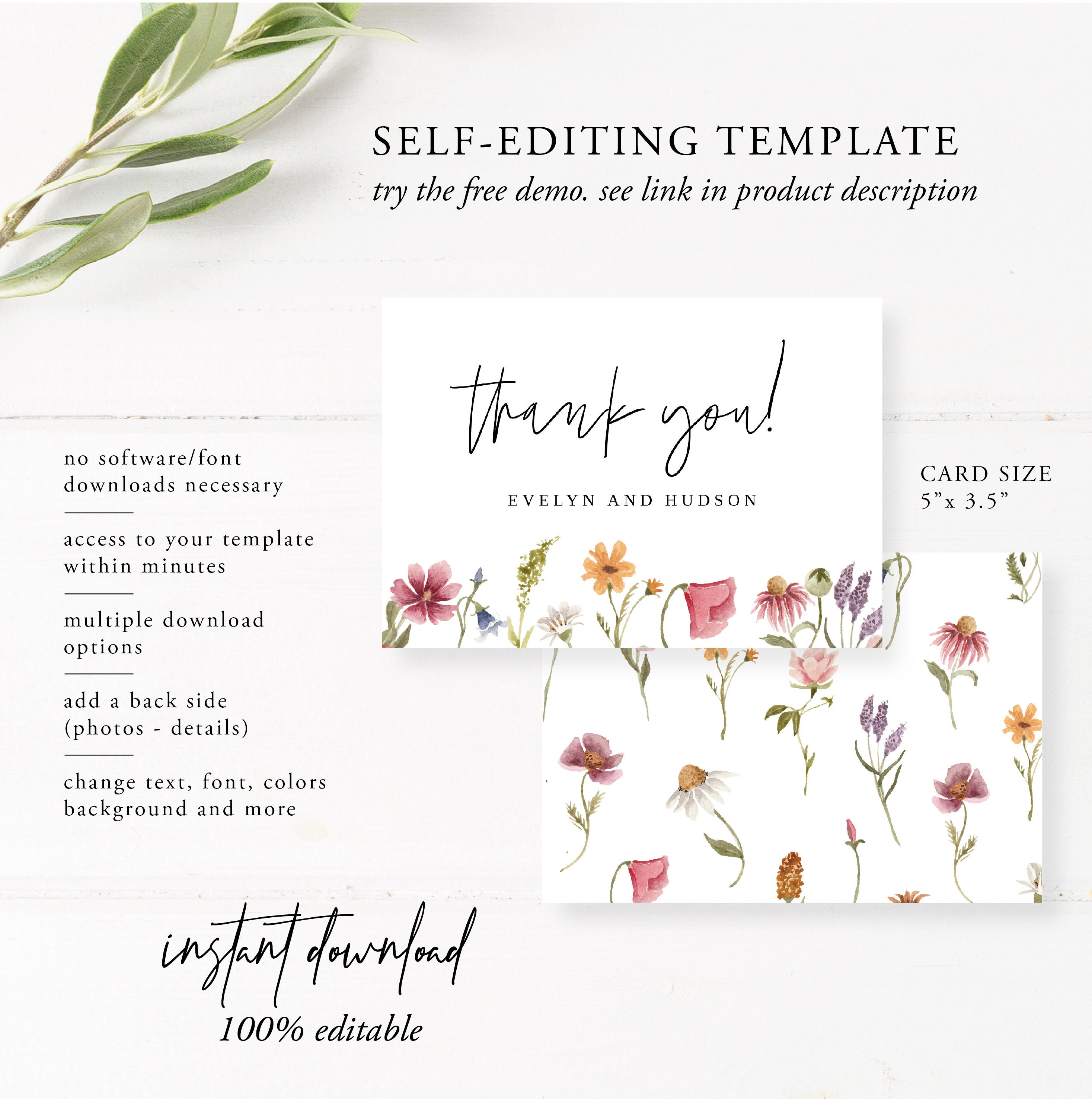 Wildflower Wedding Thank You Card Template, Bright Floral Thank You ...
