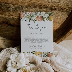 Tarjeta de agradecimiento naranja, carta de agradecimiento, menú de boda imprimible, plantilla editable, descarga instantánea, boda cítrica, 18
