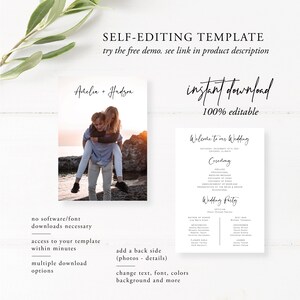 May include: Editable wedding template with a photo of a couple on the beach and a wedding ceremony and reception order of events. The text on the template says "Welcome to our Wedding" and "Achelia + Hudson".