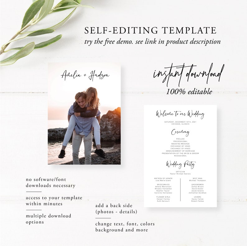 May include: Editable wedding template with a photo of a couple on the beach and a wedding ceremony and reception order of events. The text on the template says "Welcome to our Wedding" and "Achelia + Hudson".