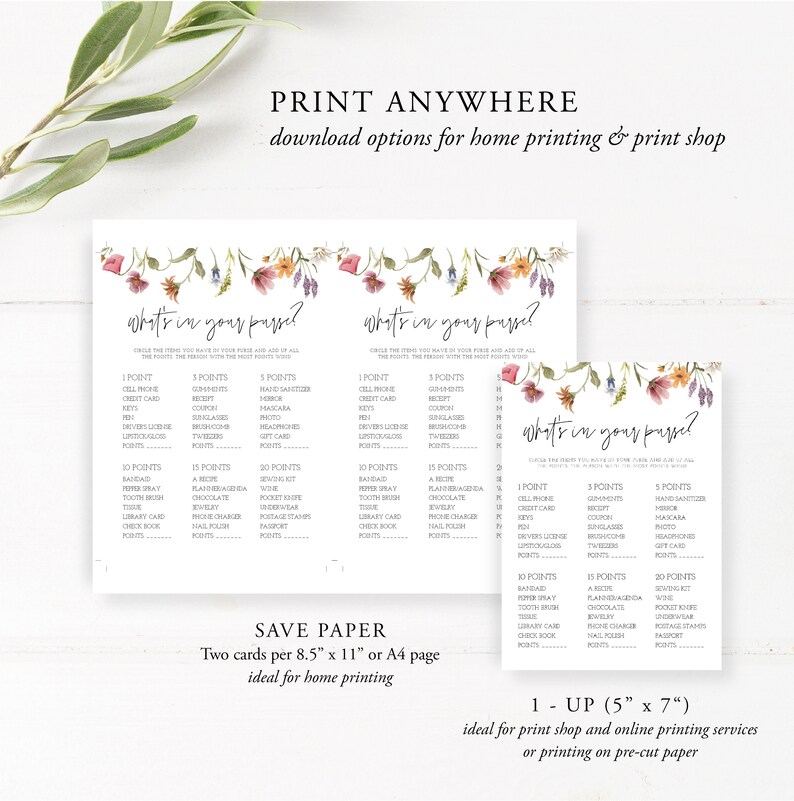 May include: A printable "What's in Your Purse?" game with a floral design. The game features a list of items with points assigned to each. The game is designed to be printed on 8.5 x 11 inch paper or A4 paper.