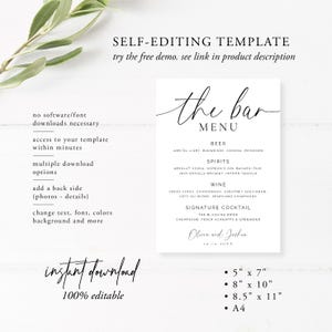 May include: A white bar menu template with the words "the bar MENU" in elegant script. The menu lists beer, spirits, wine, and a signature cocktail. The bottom of the menu includes the names "Olivia and Joshua" and the date 10.13.20XX.