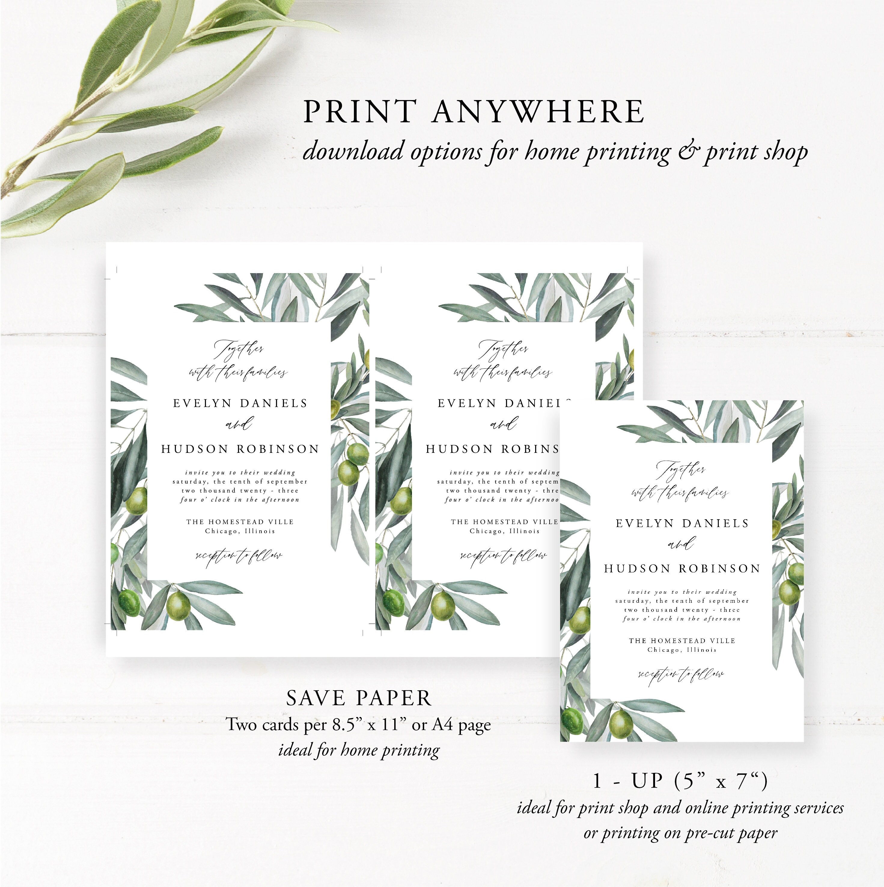 Olive Wedding Invitation Suite Template, Delicate Greenery Weeding ...