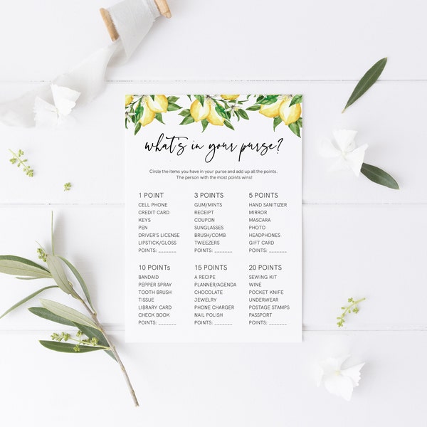 What's In Your Purse Bridal Shower Game, Summer Citrus Lemon Bridal Shower Template, Guess Who Said It, Instant Download, Templett