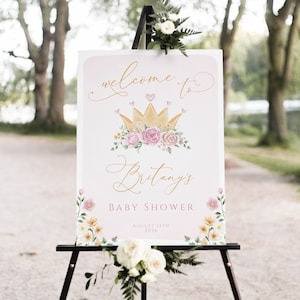 Princess Baby Shower Welcome Sign Template, Royal Girl Baby Shower, Crown Princess Baby Shower, Pink Gold, Editable, Instant, Baby Girl, 105