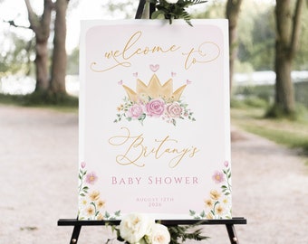 Princess Baby Shower Welcome Sign Template, Royal Girl Baby Shower, Crown Princess Baby Shower, Pink Gold, Editable, Instant, Baby Girl, 105