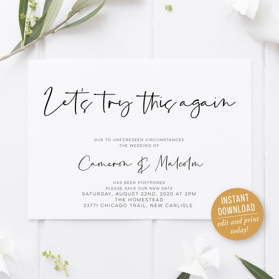 Wedding Change Card PDF Digital Save the Date Modern Wedding & Event Announcement Postcard Template Let's try this Again Canceled Event