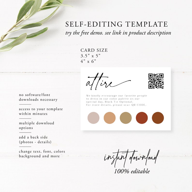 K&ouml;nnte beinhalten: Editierbare Vorlage f&uuml;r eine Hochzeits-Kleidungs-Karte mit einem QR-Code, einer Farbpalette und dem Text "attire" in einer handschriftlichen Schriftart. Die Karte ist 3,5 Zoll mal 5 Zoll oder 4 Zoll mal 6 Zoll gro&szlig;. Der Text "Sofort-Download" und "100 % editierbar" ist ebenfalls enthalten.