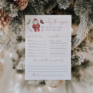Tarjeta con predicciones y consejos para el bebé de Papá Noel, baby shower boho, ropa para baby shower de Papá Noel, editable, consejos para hacerlo tú mismo, descarga, bebé navideño, 95