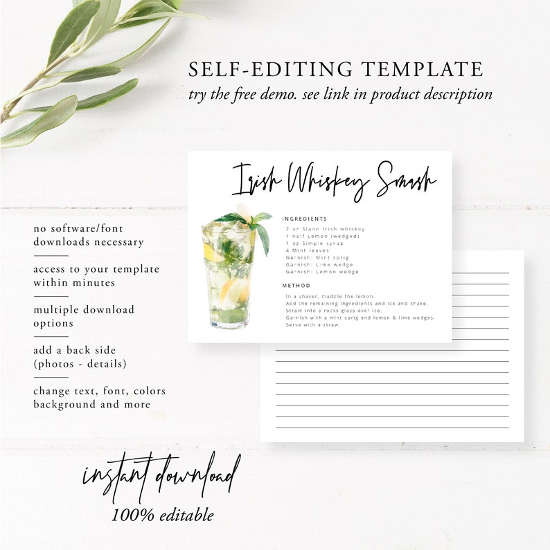 Cocktail Recipe Card Template, Personalized Recipe Card, Bar Drink Recipe Card, Editable Recipe Card, Printable Recipe Card, Recipe Card image 4