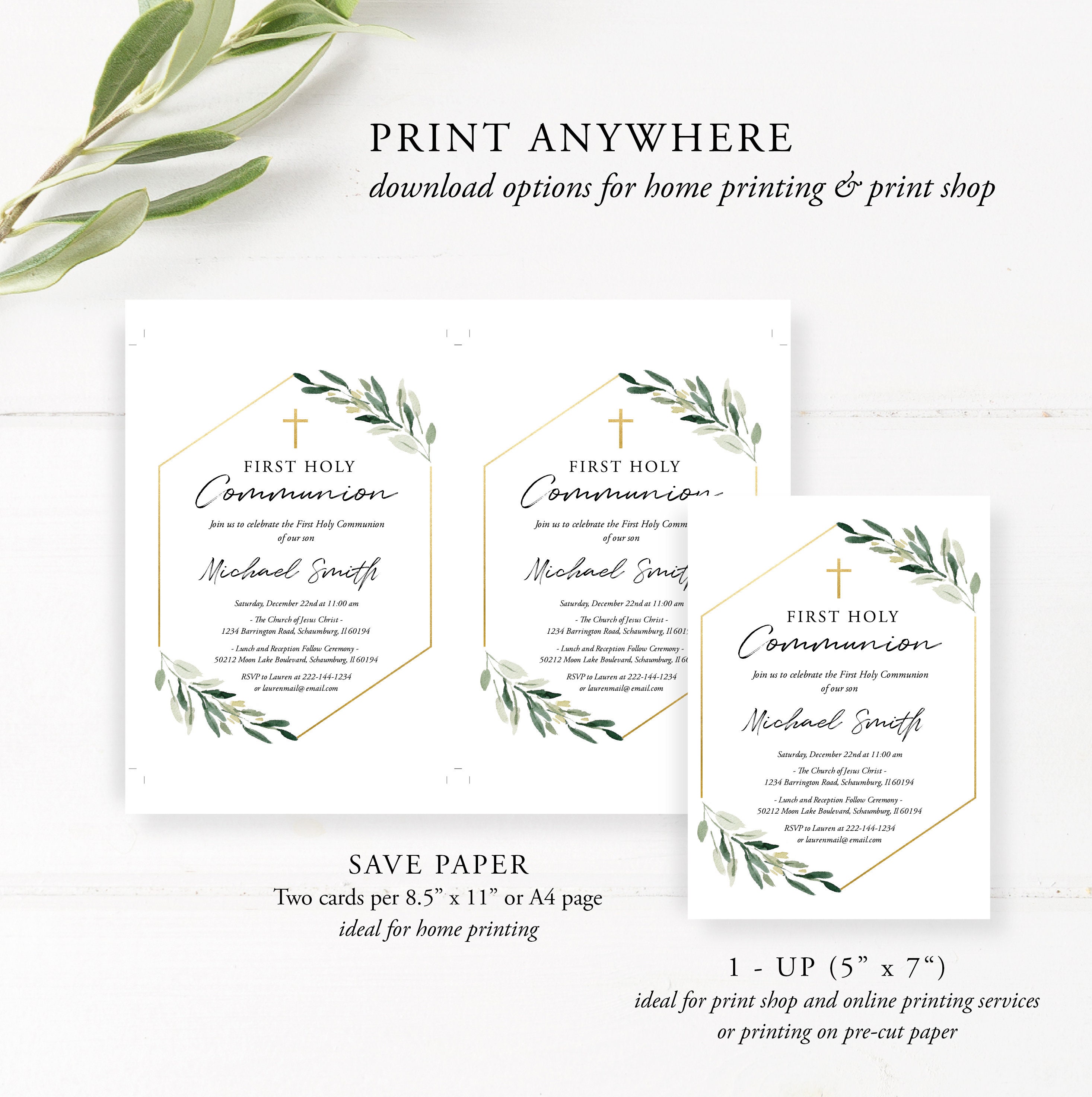 Greenery First Communion Invitation Template Boy First Holy Etsy